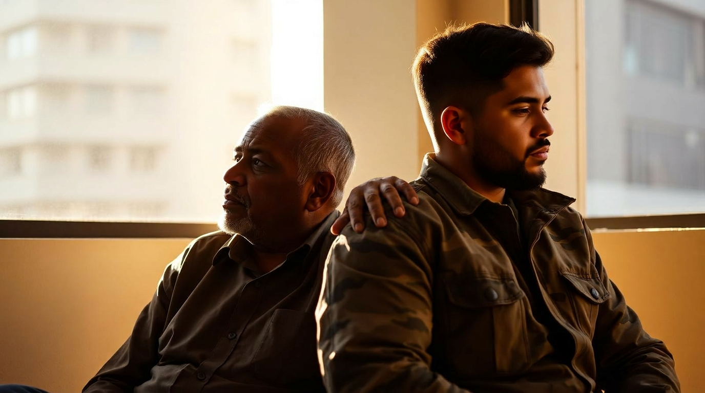 A mentor's hand resting gently on another person's shoulder beside a sunlit window