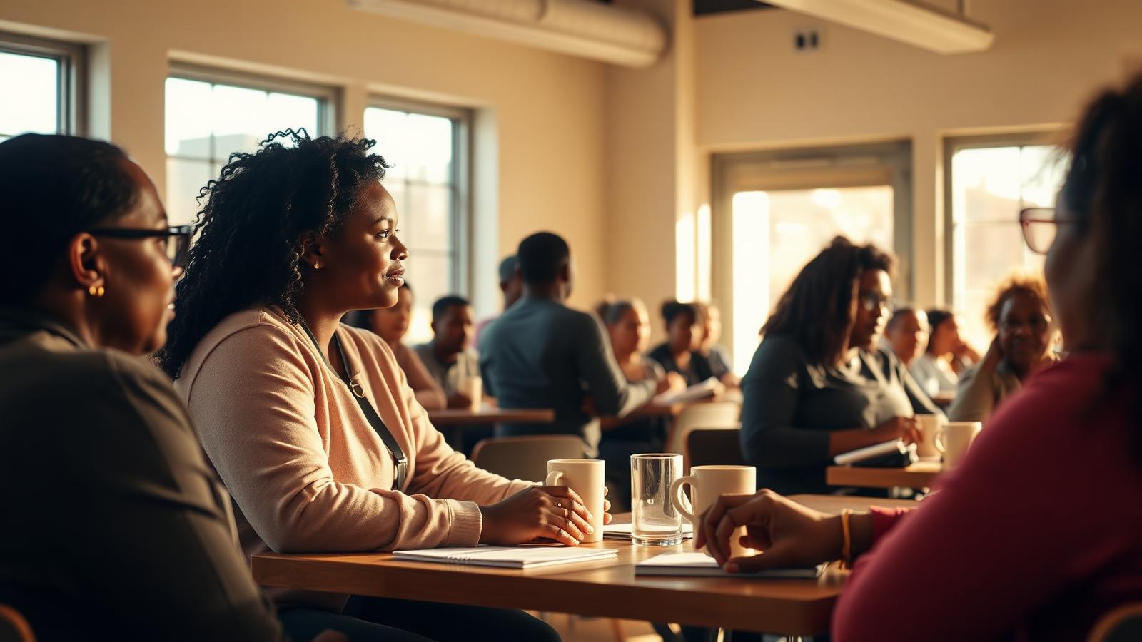 A diverse group of people connecting in a sunlit community center