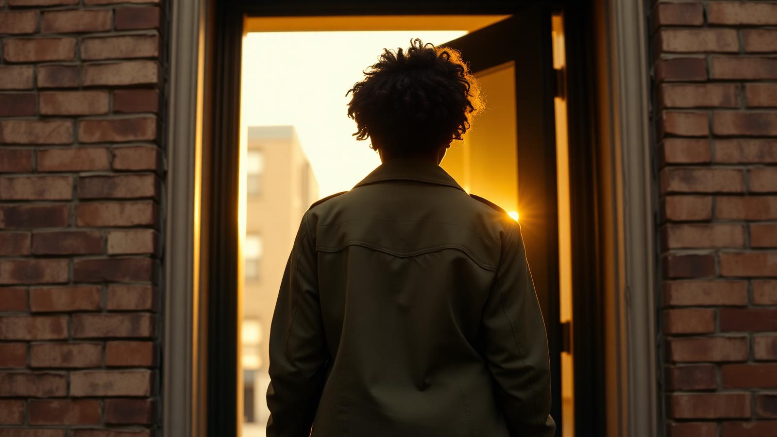 A woman stepping from shadow into warm golden light through a doorway