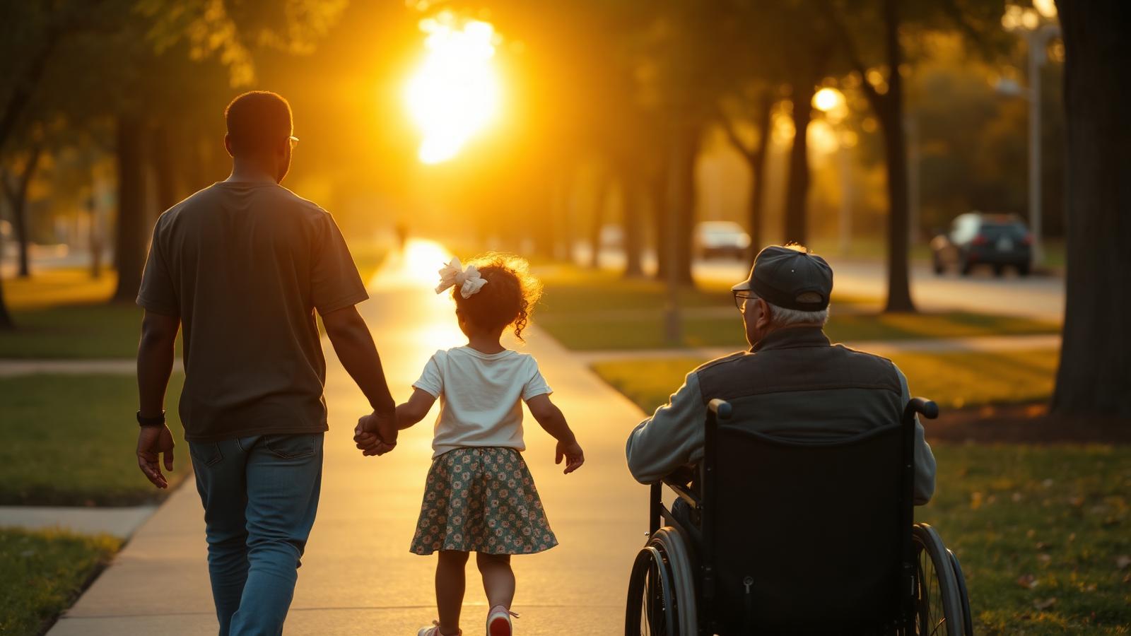 A parent and young child holding hands walking through a park at golden hour