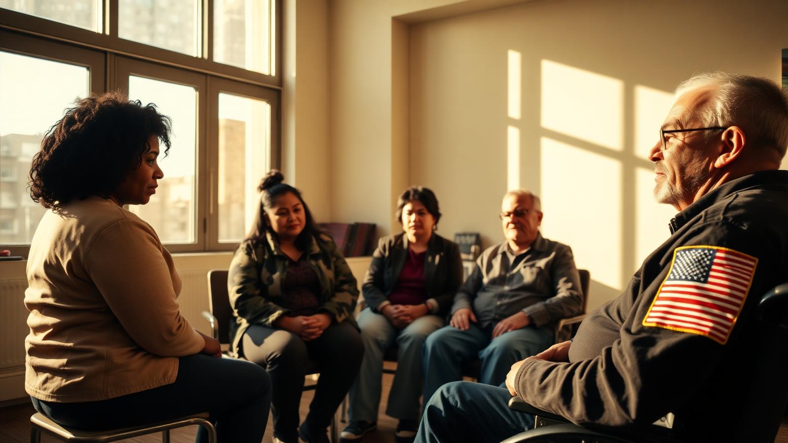 A small support-group circle gathered in a sunlit community room