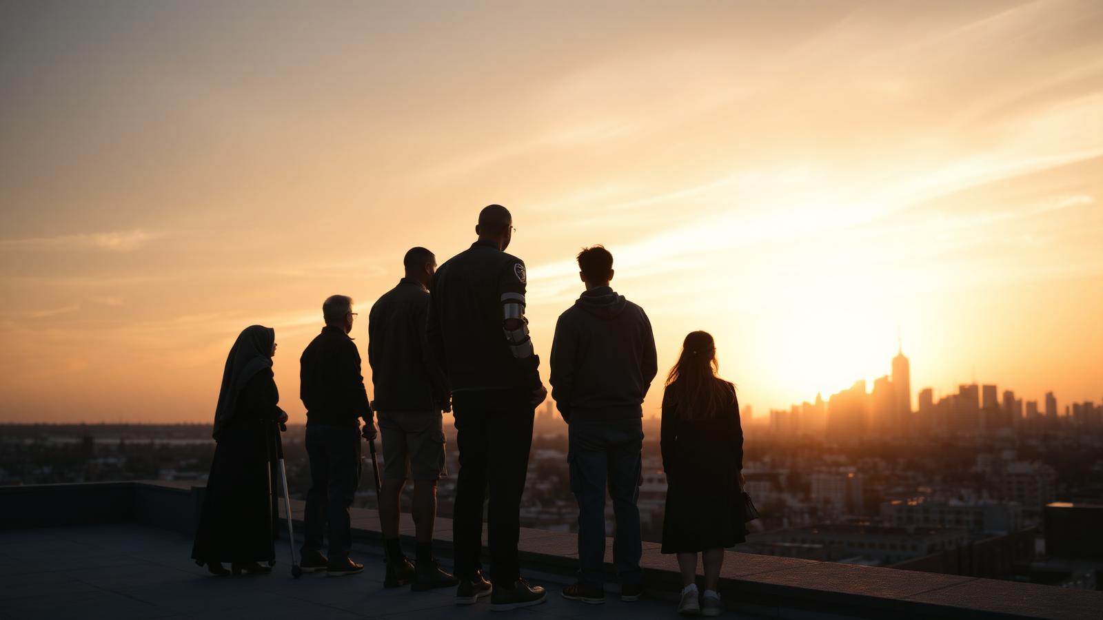 A small group of people standing on a hillside looking toward a sunrise horizon